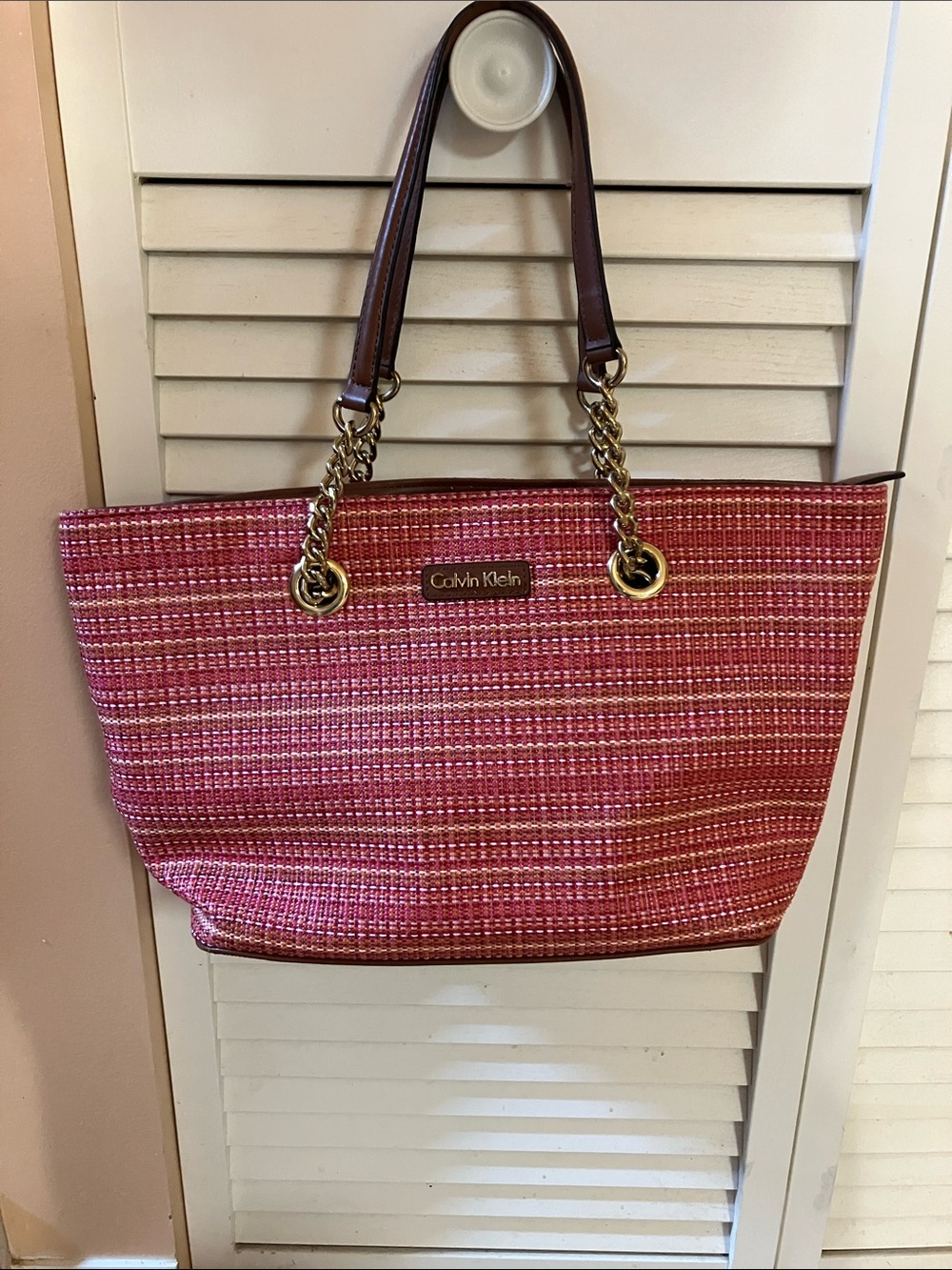 Calvin Klein Pink Woven Tote with Brown Leather Straps & Gold Chain Accents